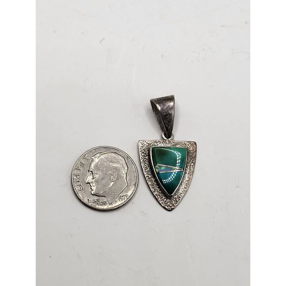 Vintage Sterling Silver Turquoise Opal Inlay Shield Pendant Southwestern 1980s - Picture 5 of 6